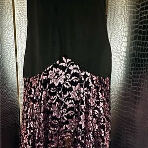 Vintage 80s Party Prom Dress Black Spaghetti Strap Pink Silver Lace Pattern
